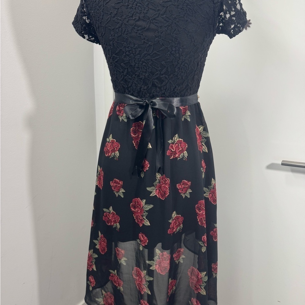 Girls Fall Dress Black And Red Rose Drop Tail Belt Short Sleeve Prom Lay… - Picture 4 of 12
